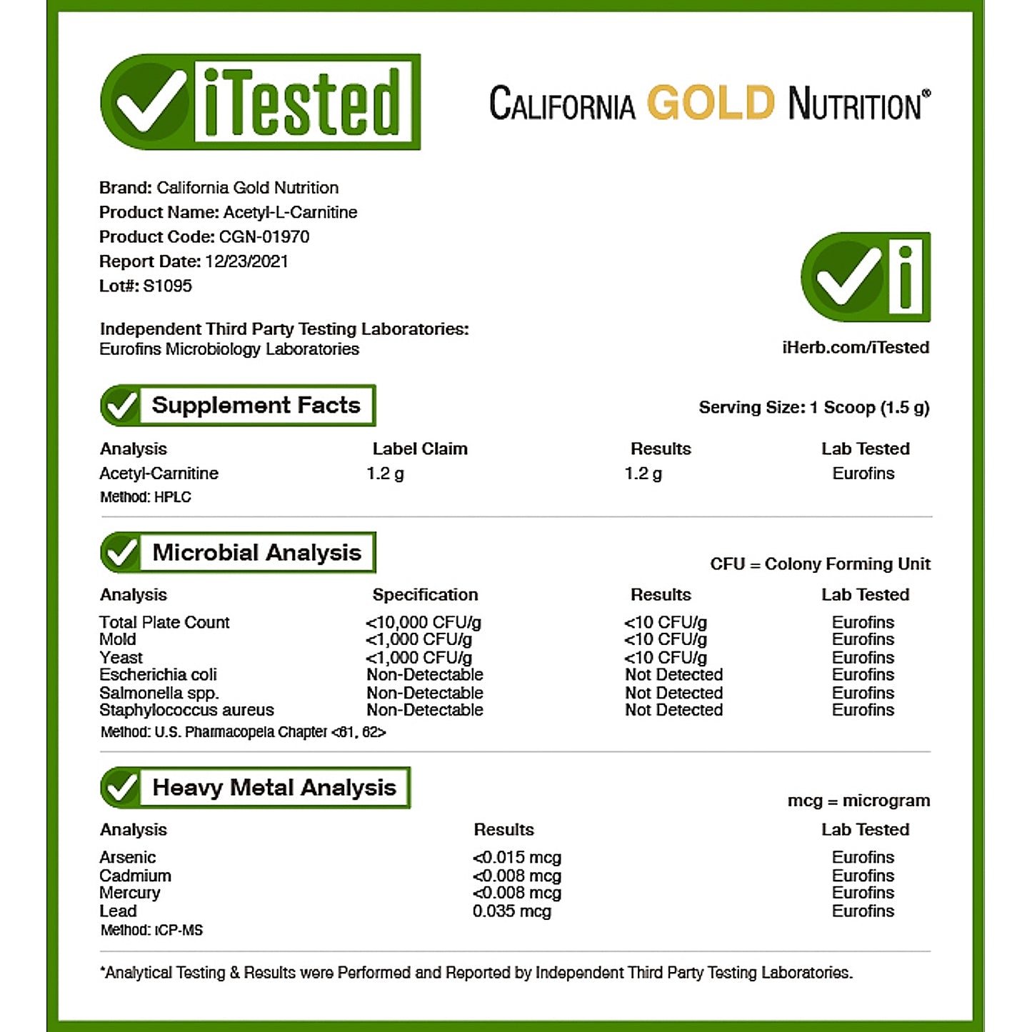 California Gold Nutrition, Acetyl L-Carnitine, Amino Acid Powder, 3.53 oz (100 g)