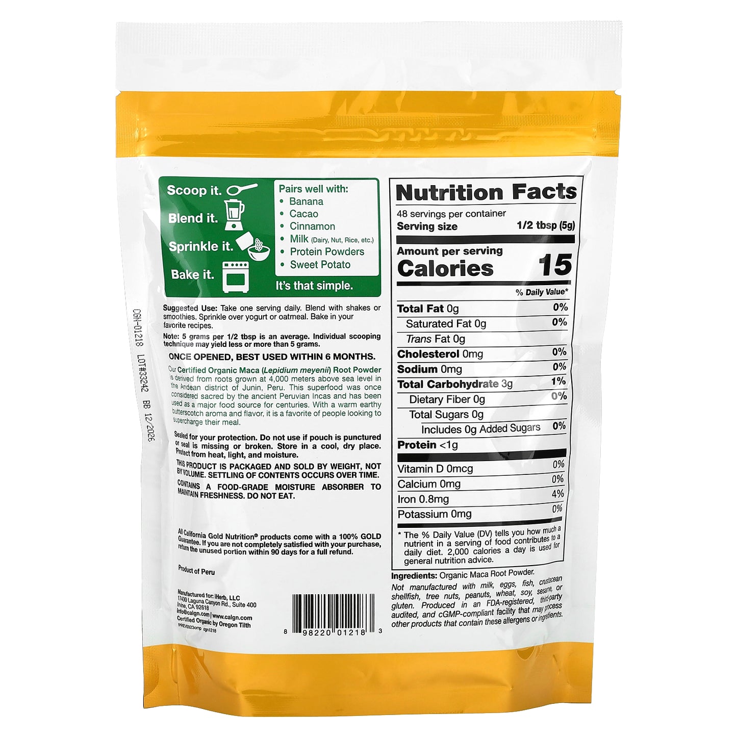 California Gold Nutrition, SUPERFOODS - Organic Maca Root Powder, 8.5 oz (240 g)