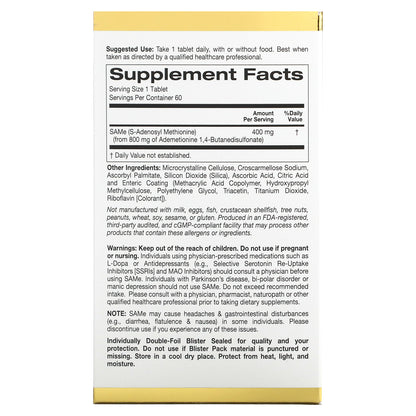 California Gold Nutrition, SAMe (Butanedisulfonate), 400 mg, 60 Enteric Coated Tablets