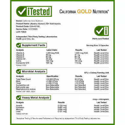 California Gold Nutrition, Ultamins Women's 50+ Multivitamin with CoQ10, Mushrooms, Enzymes, Veggies & Berries, 60 Veggie Capsules
