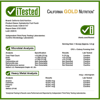 California Gold Nutrition, Beverages, HydrationUP®, Electrolyte Drink Mix with Calcium, Potassium, Vitamin C, and Vitamin E, Fruit Punch, 8 oz (227 g)