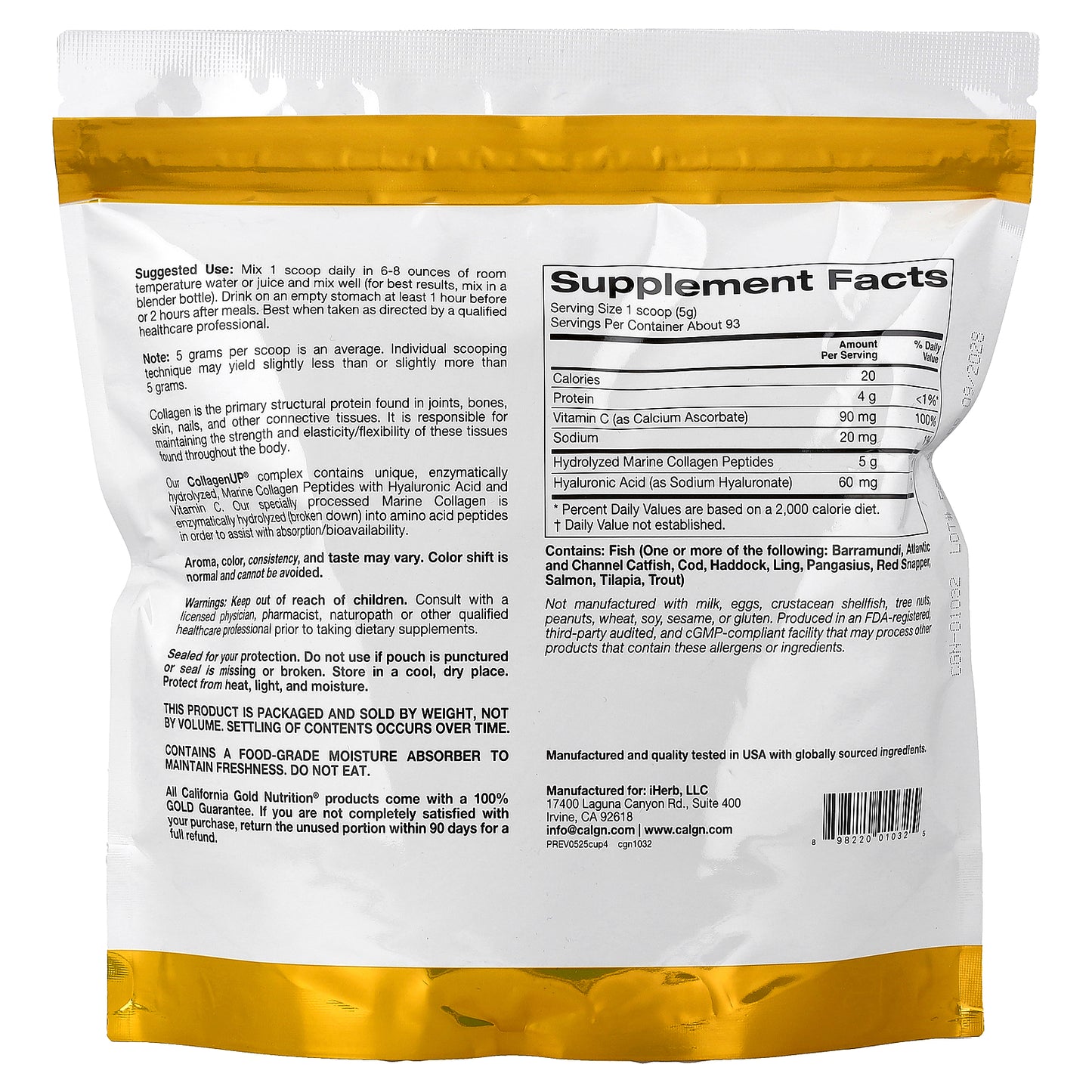 California Gold Nutrition, CollagenUP®, Hydrolyzed Marine Collagen Peptides with Hyaluronic Acid and Vitamin C, Unflavored, 1.02 lb (464 g)