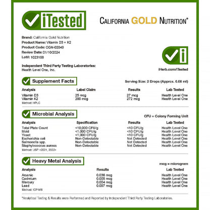 California Gold Nutrition, Vitamin D3 + K2,  25 mcg (1,000 IU), 1 fl oz (30 ml)