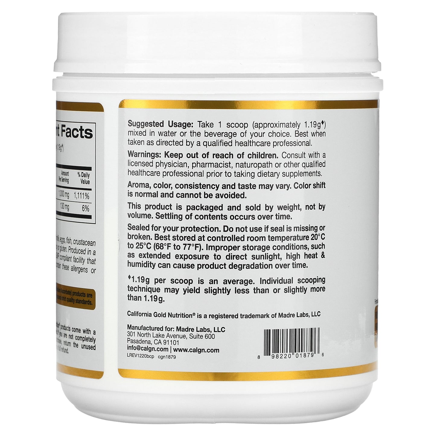 California Gold Nutrition, Buffered Gold C, Non-Acidic Vitamin C Powder, Sodium Ascorbate, 2.2 lb (1 kg)