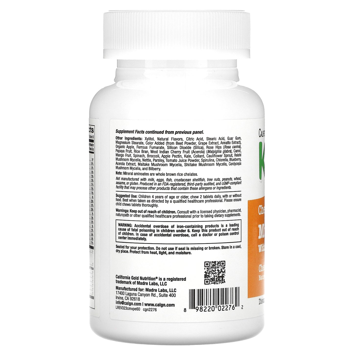 California Gold Nutrition, Chewable Multivitamins with Probiotics, Enzymes, Vitamin A and Vitamin C for Children, Assorted Fruit, 60 Vegetarian Tablets