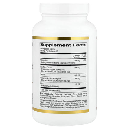 California Gold Nutrition, Magnesium & Hawthorn Extract Complex with Taurine, Coleus forskohlii Extract, and Hops, 180 Tablets