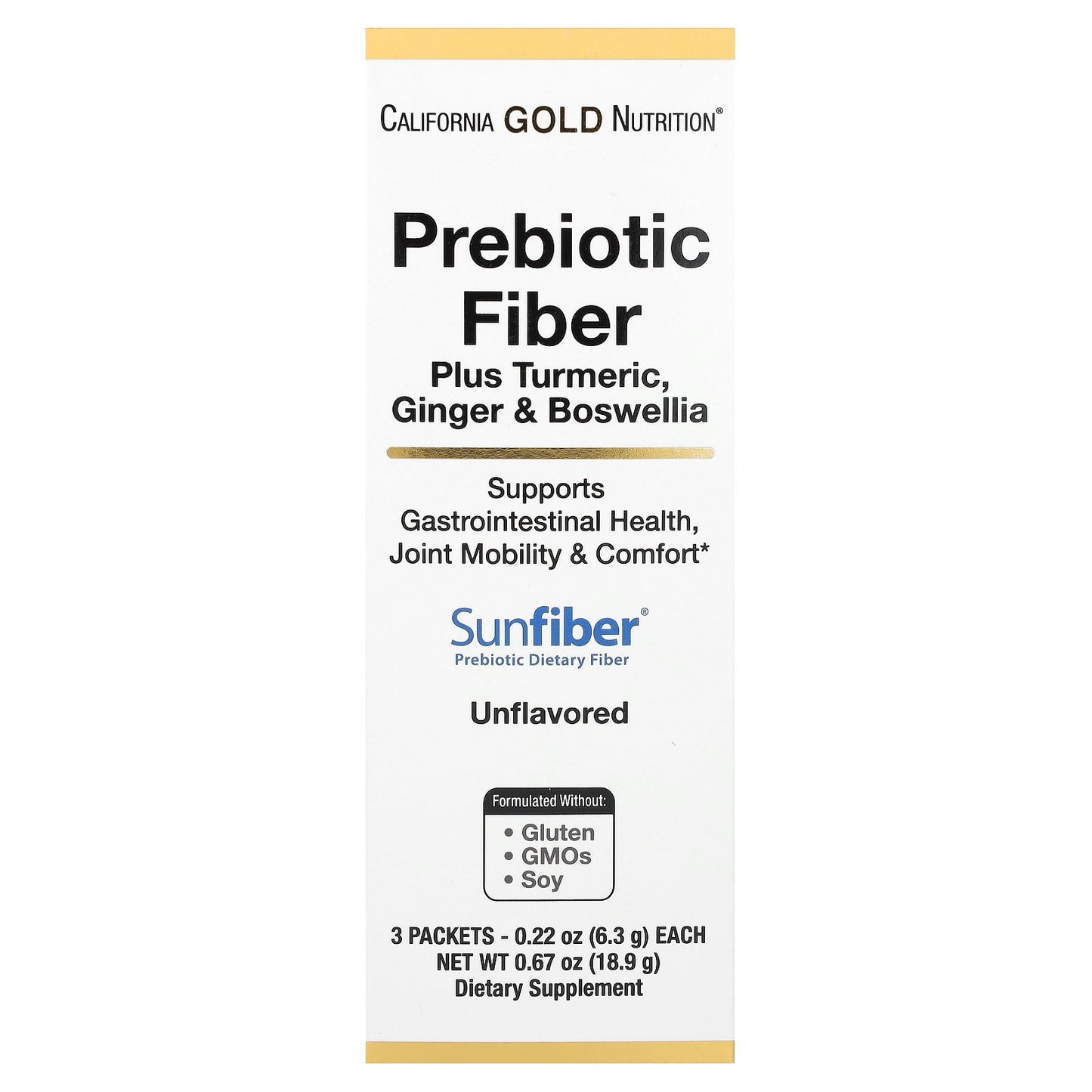 California Gold Nutrition, Prebiotic Fiber Plus Turmeric, Ginger, & Boswellia, 3 Packets, 0.22 oz (6.3 g) Each