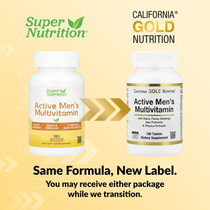 California Gold Nutrition, Active Men's Multivitamin with Panax Ginseng Extract, Maca, Saw Palmetto, and Tribulus, 180 Tablets