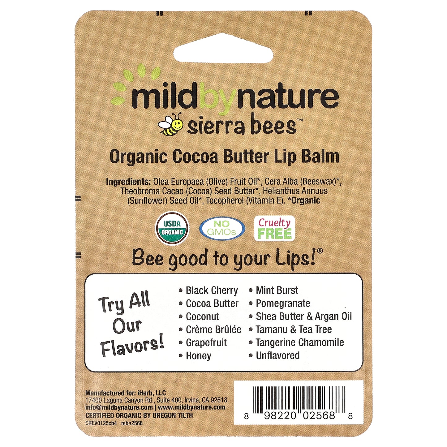 Mild By Nature, Sierra Bees™, Organic Lip Balms, Cocoa Butter, 4 Pack, 0.15 oz (4.25 g) Each