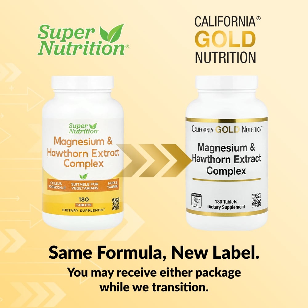 California Gold Nutrition, Magnesium & Hawthorn Extract Complex with Taurine, Coleus forskohlii Extract, and Hops, 180 Tablets