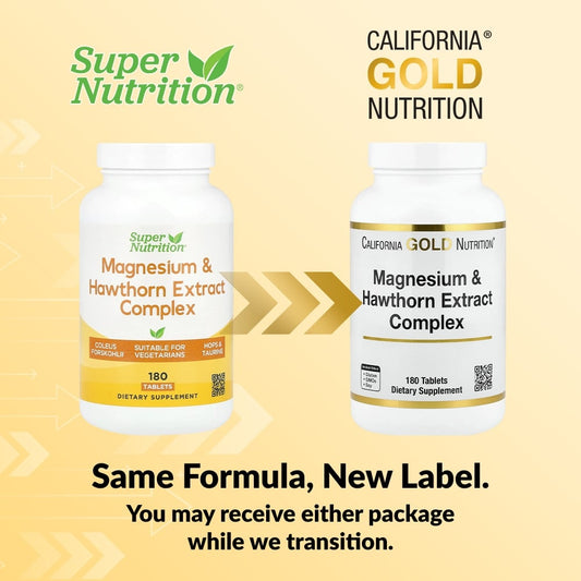 California Gold Nutrition, Magnesium & Hawthorn Extract Complex with Taurine, Coleus forskohlii Extract, and Hops, 180 Tablets