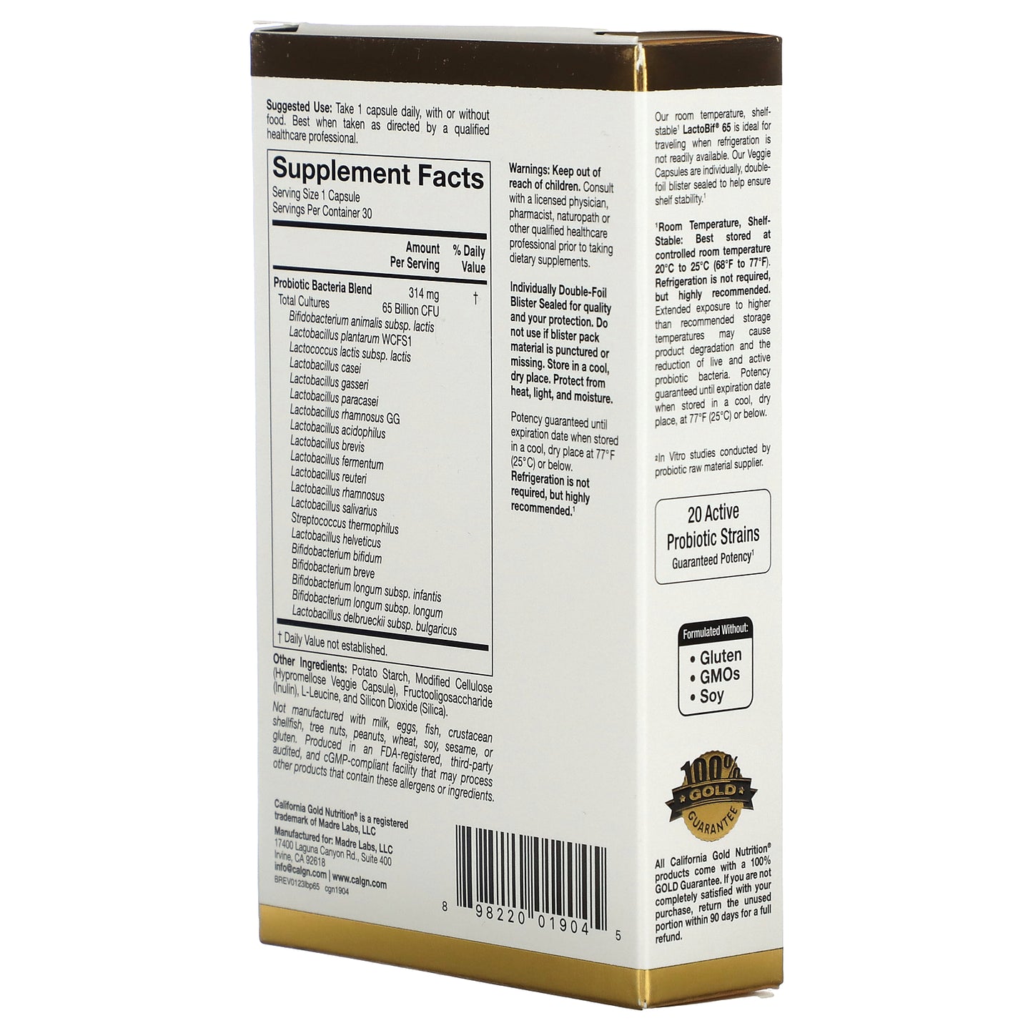 California Gold Nutrition, LactoBif® 65 Probiotics, 30 Veggie Capsules