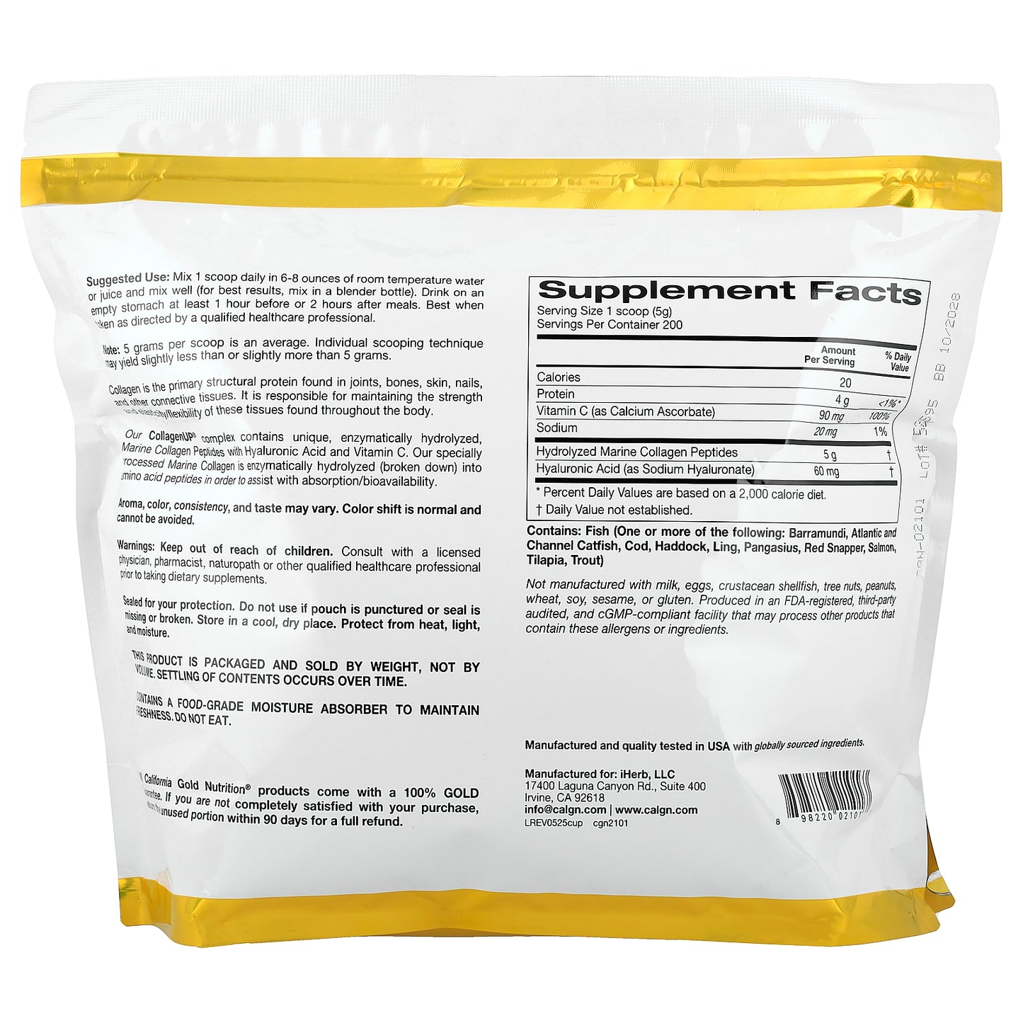 California Gold Nutrition, CollagenUP®, Hydrolyzed Marine Collagen Peptides with Hyaluronic Acid and Vitamin C, Unflavored, 2.2 lb (1 kg)