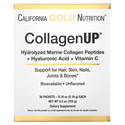 California Gold Nutrition, CollagenUP, Hydrolyzed Marine Collagen Peptides with Hyaluronic Acid and Vitamin C, Unflavored, 30 Packets, 0.18 oz (5.16 g) Each