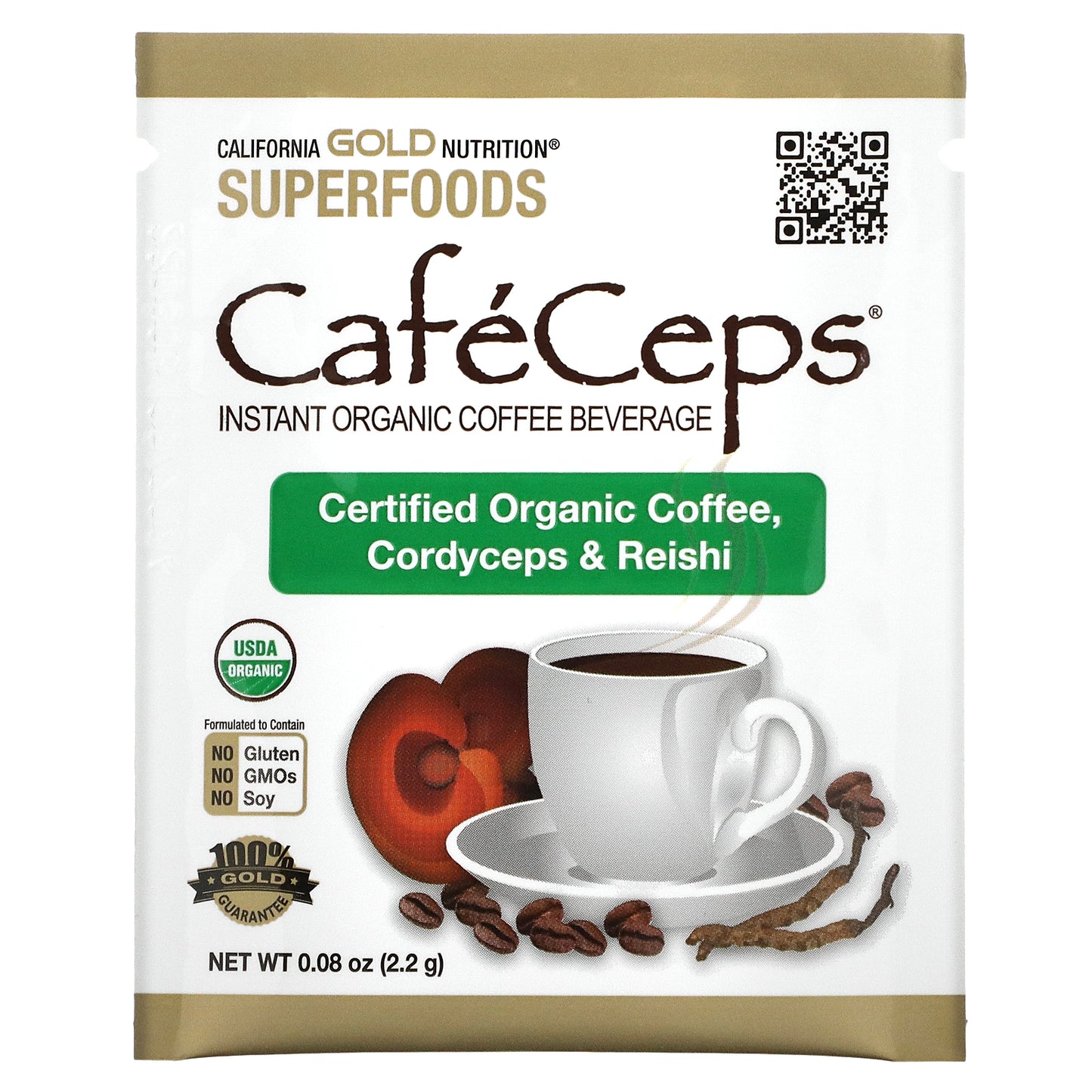 California Gold Nutrition, CafeCeps, Certified Organic Instant Coffee with Cordyceps and Reishi Mushroom Powder, 30 Packets, 0.08 oz (2.2 g) Each