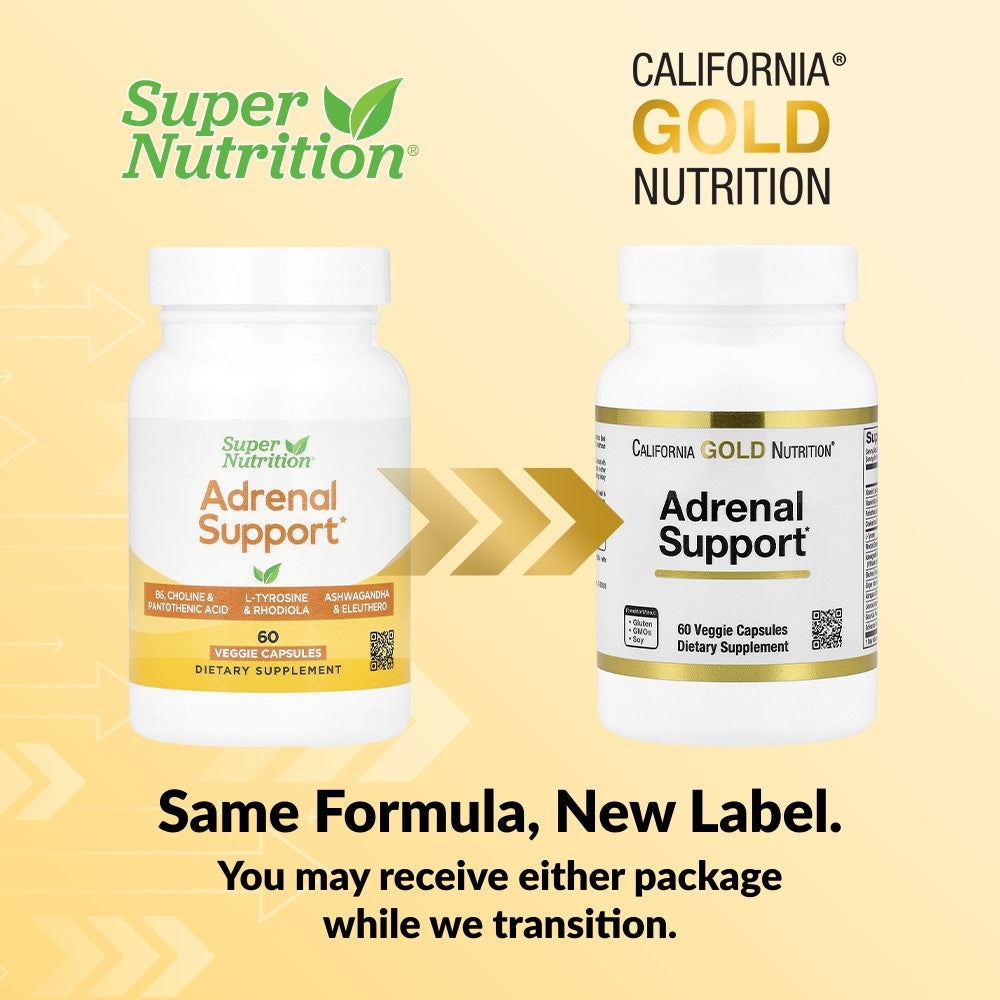 California Gold Nutrition, Adrenal Support with L-Tyrosine, Rhodiola Extract, Ashwagandha Extract, and Eleuthero Extract, 60 Veggie Capsules