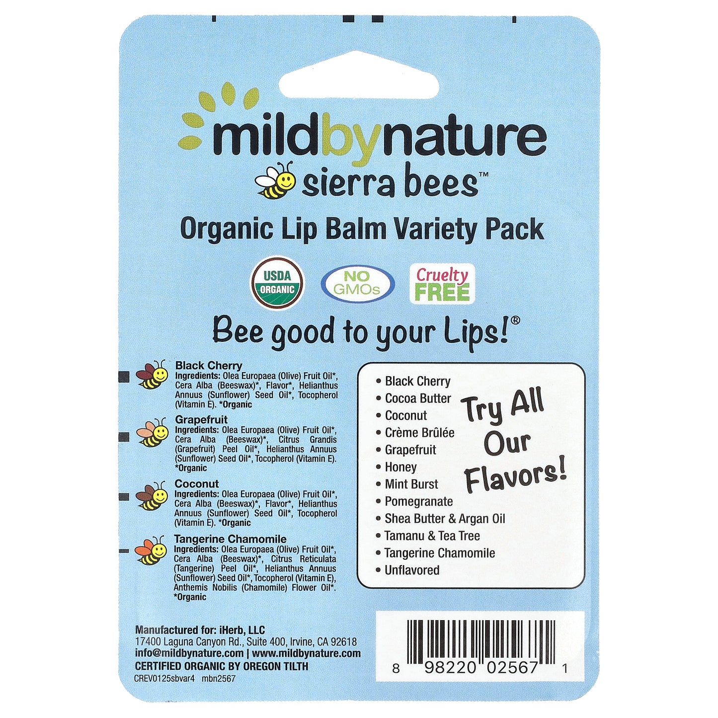 Mild By Nature, Sierra Bees™, Organic Lip Balms, Variety Pack, 4 Pack, 0.15 oz (4.25 g) Each