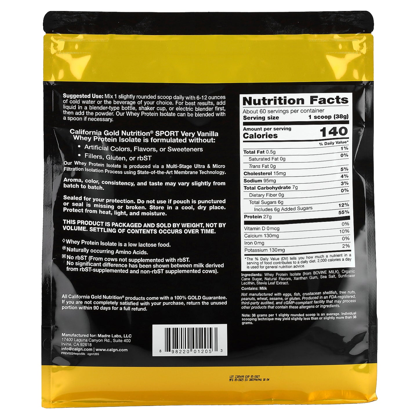 California Gold Nutrition, Whey Protein Isolate, Very Vanilla , 5 lb (2.27 kg)