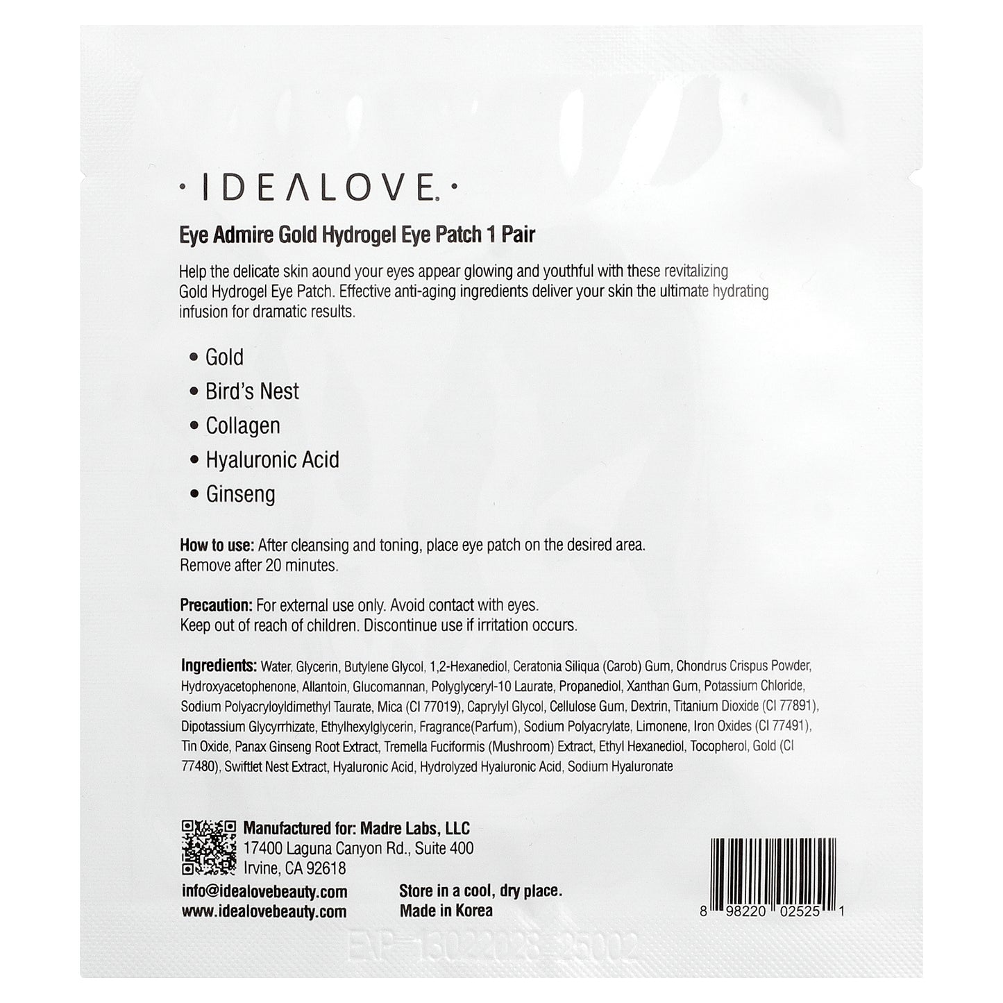 Idealove, Eye Admire Gold Hydrogel Eye Patches, 1 Pair