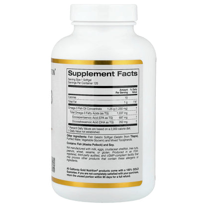 California Gold Nutrition, Omega-3 Fish Oil, 120 Fish Gelatin Softgels (1,250 mg per Softgel)