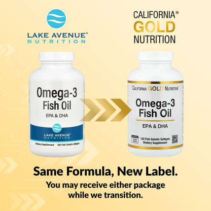 California Gold Nutrition, Omega-3 Fish Oil, 120 Fish Gelatin Softgels (1,250 mg per Softgel)