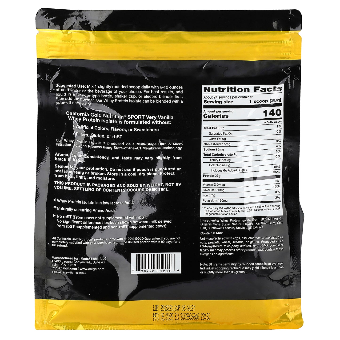 California Gold Nutrition, Sport, Whey Protein Isolate with Organic Cane Sugar, with Sunflower Lecithin, Very Vanilla, 2 lb (907 g)