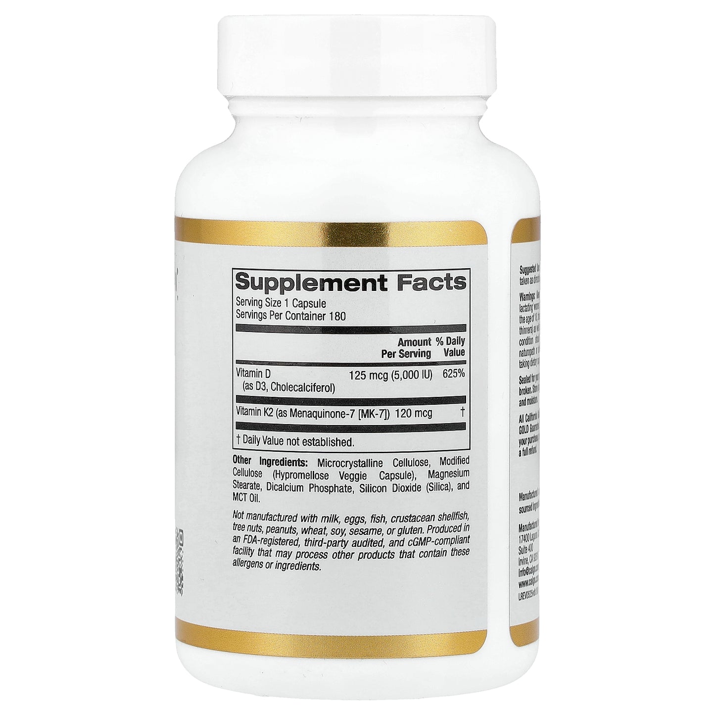 California Gold Nutrition, Vitamin D3 + K2 as MK-7, 180 Veggie Capsules