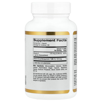 California Gold Nutrition, Vitamin D3 + K2 as MK-7, 180 Veggie Capsules