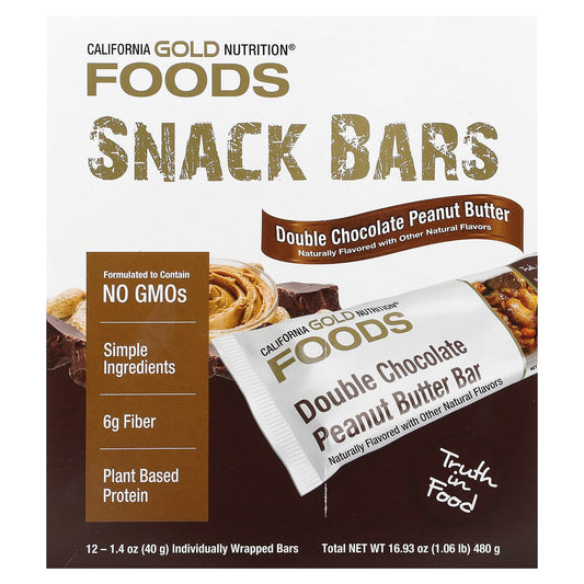 California Gold Nutrition, FOODS - Double Chocolate Peanut Butter Flavor Bars, 12 Bars, 1.4 oz (40 g) Each