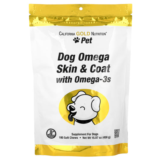 California Gold Nutrition, Pet, Dog Omega Skin & Coat with Omega-3, 180 Soft Chews, 15.87 oz (450 g)
