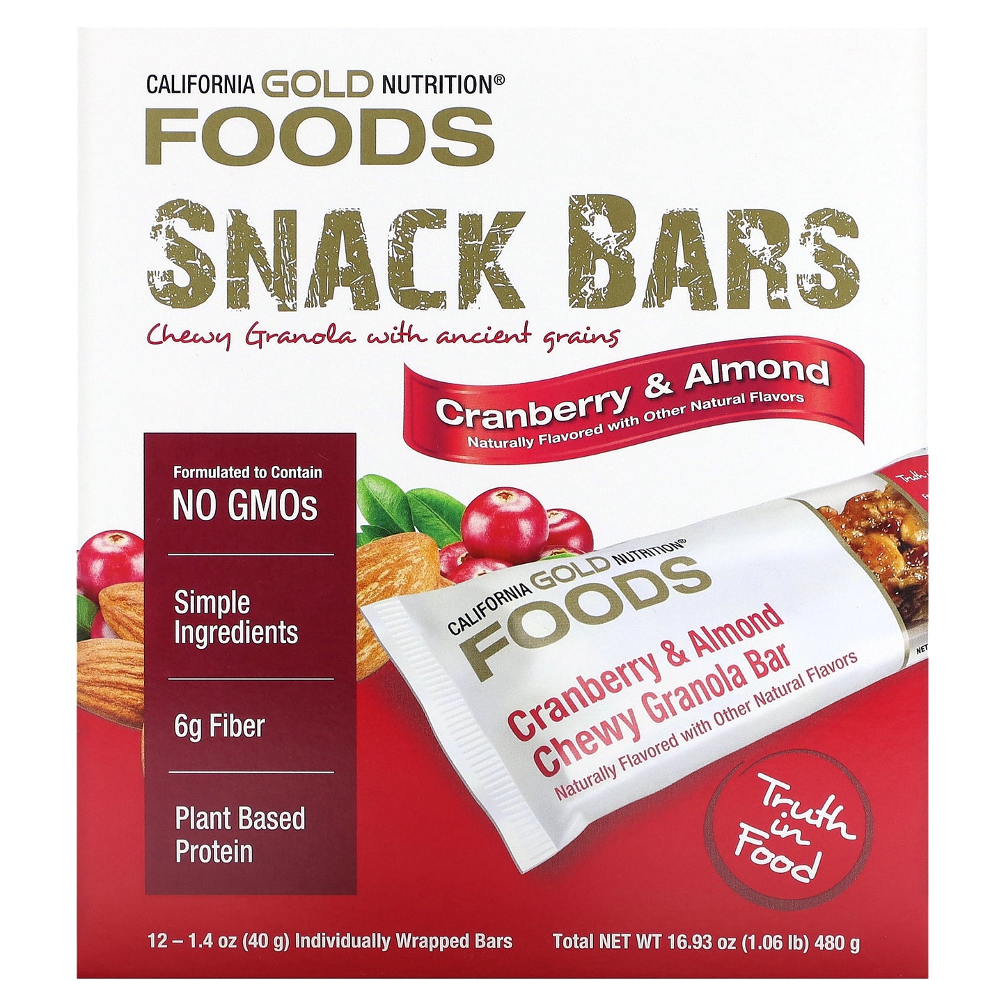 California Gold Nutrition, FOODS - Cranberry & Almond Chewy Granola Bars, 12 Bars, 1.4 oz (40 g) Each