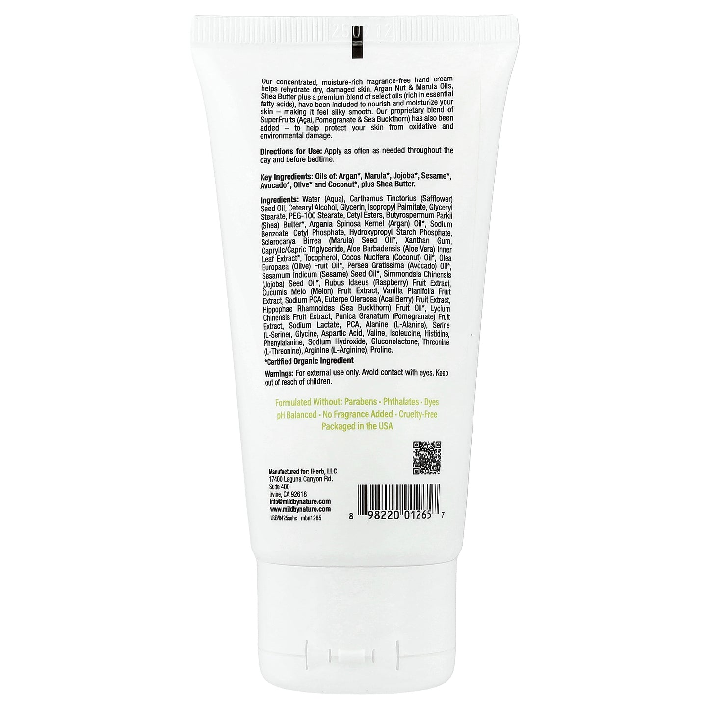 Mild By Nature, Argan Oil Hand Cream with Marula Oil & Coconut Oil plus Shea Butter, Soothing and Unscented, 2.5 oz (71 g)