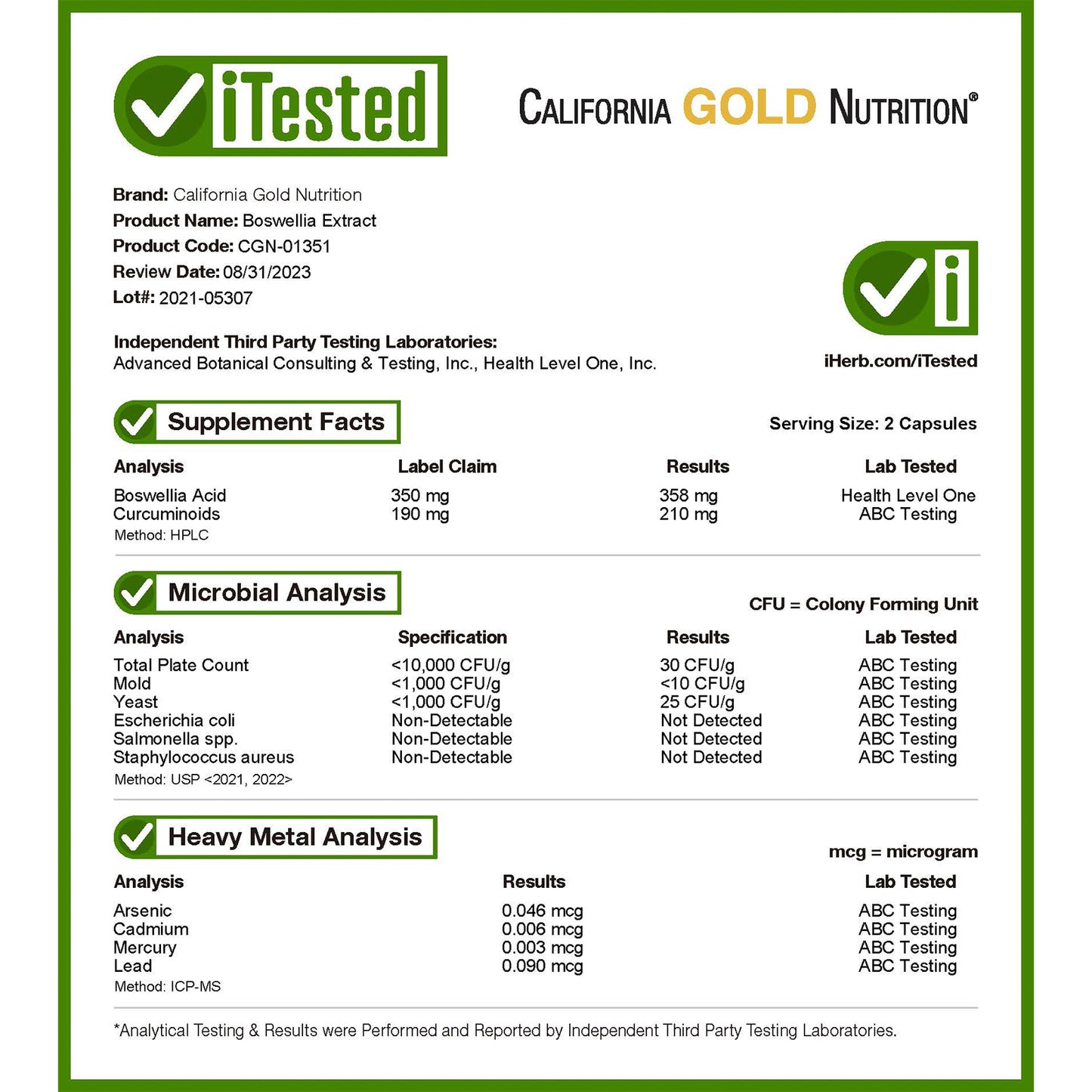 California Gold Nutrition, Boswellia Extract, Plus Turmeric Extract, 500 mg, 120 Veggie Capsules (250 mg per Capsule)