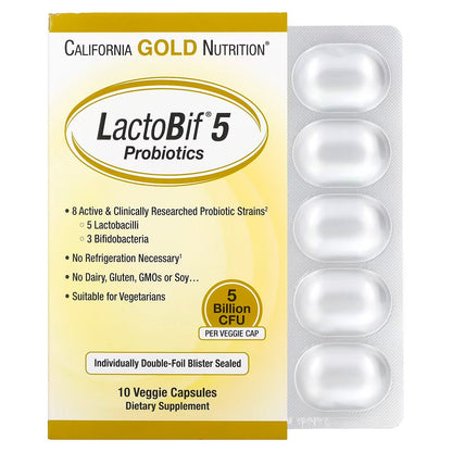 California Gold Nutrition, LactoBif 5 Probiotics, 5 Billion CFU, 10 Veggie Capsules