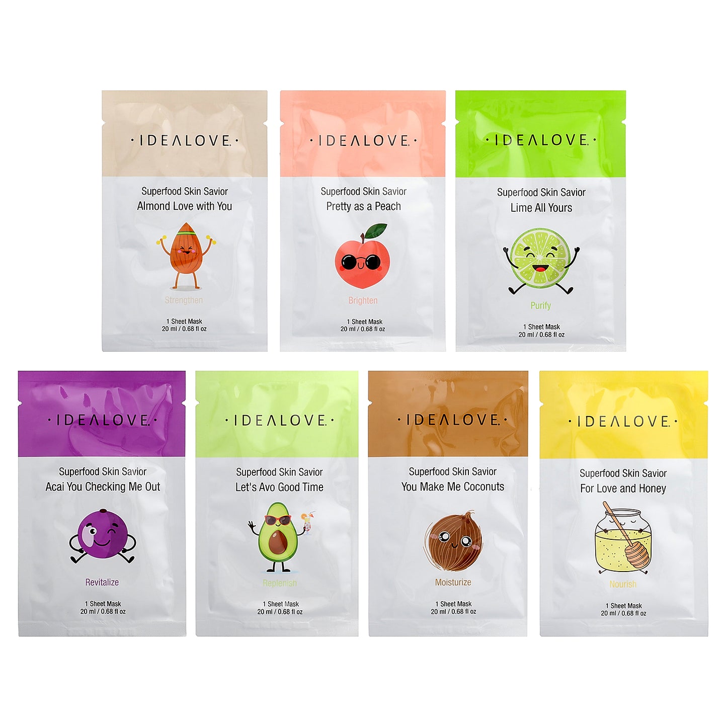 Idealove, Superfood Skin Savior Beauty Masks, Variety Pack, 7 Sheets, 0.68 fl oz (20 ml) Each