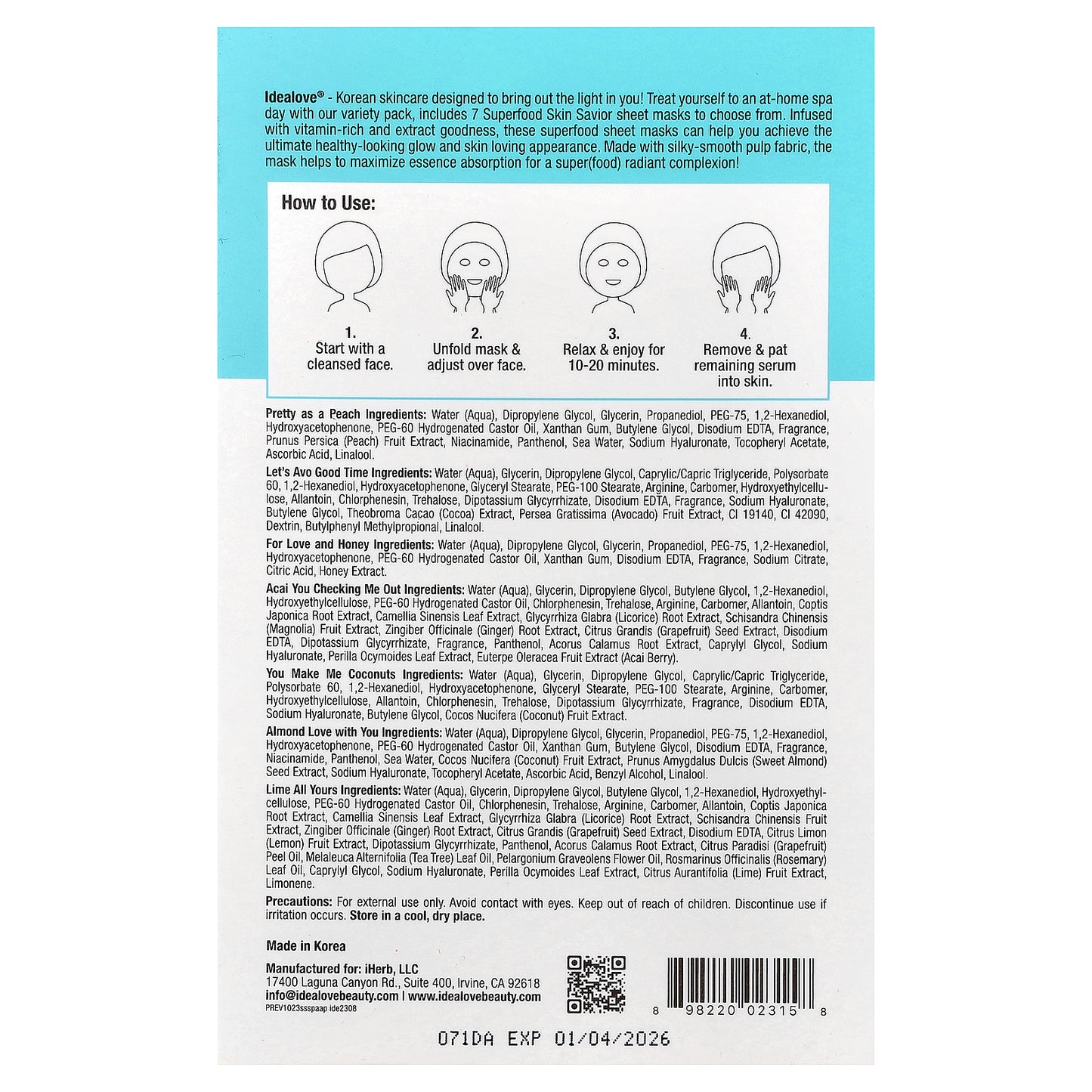 Idealove, Superfood Skin Savior Beauty Masks, Variety Pack, 7 Sheets, 0.68 fl oz (20 ml) Each