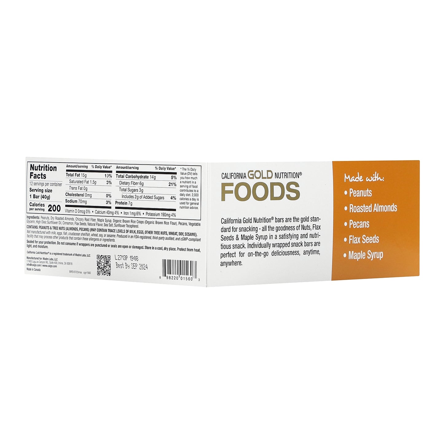 California Gold Nutrition, FOODS - Maple Sea Salt Bars, 12 Bars, 1.4 oz (40 g) Each
