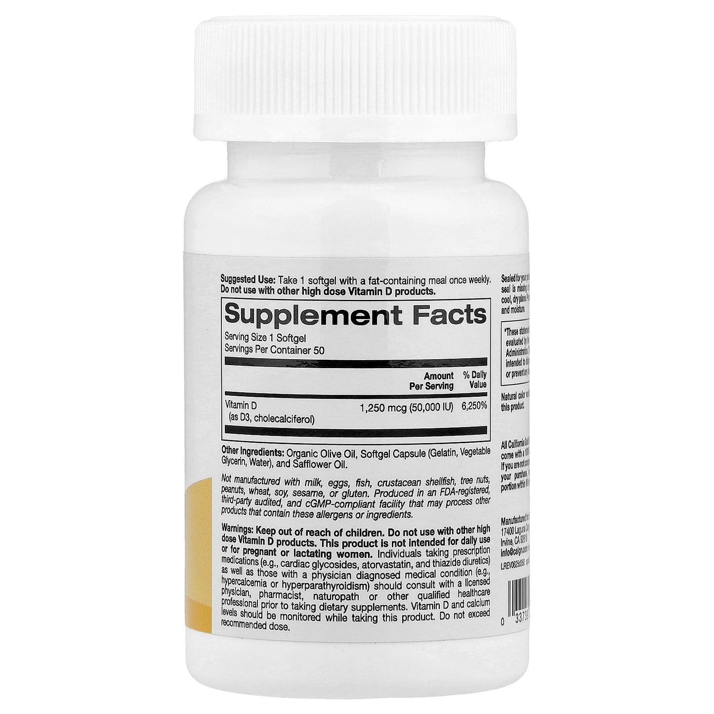 California Gold Nutrition, SimplyOne®, Vitamin D3, 1,250 mcg (50,000 IU), 50 Softgels