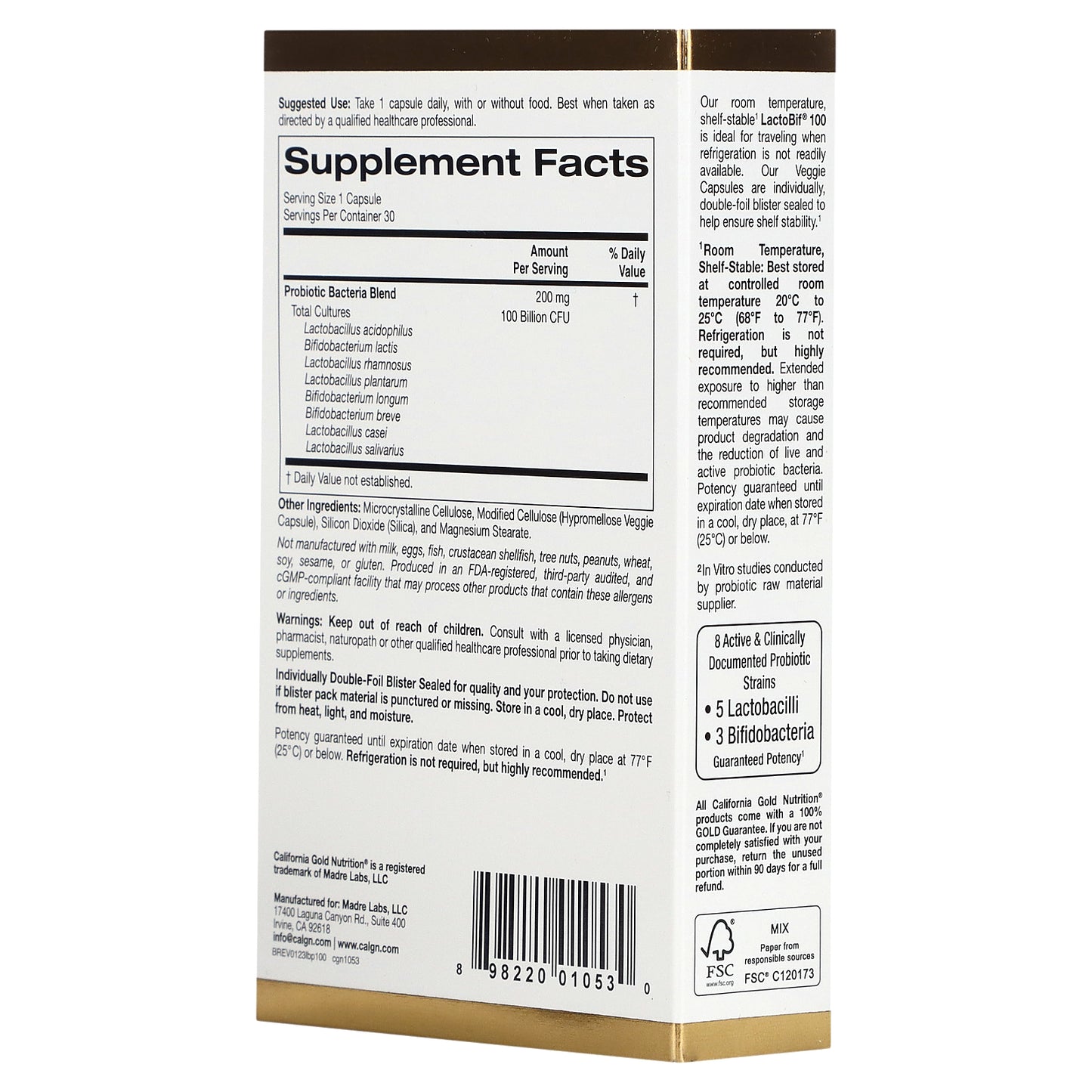 California Gold Nutrition, LactoBif® 100 Probiotics, 100 Billion CFU, 30 Veggie Capsules