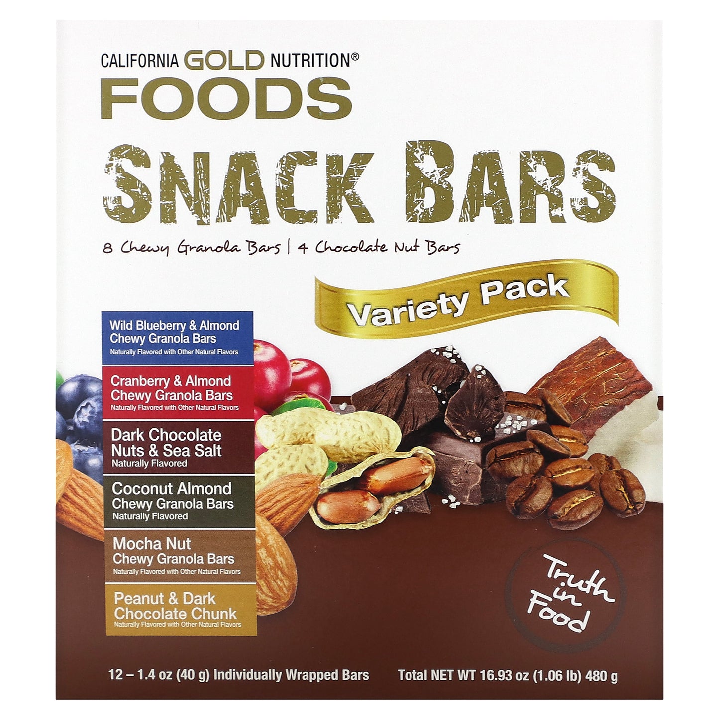 California Gold Nutrition, FOODS - Variety Pack Snack Bars, 12 Bars, 1.4 oz (40 g) Each