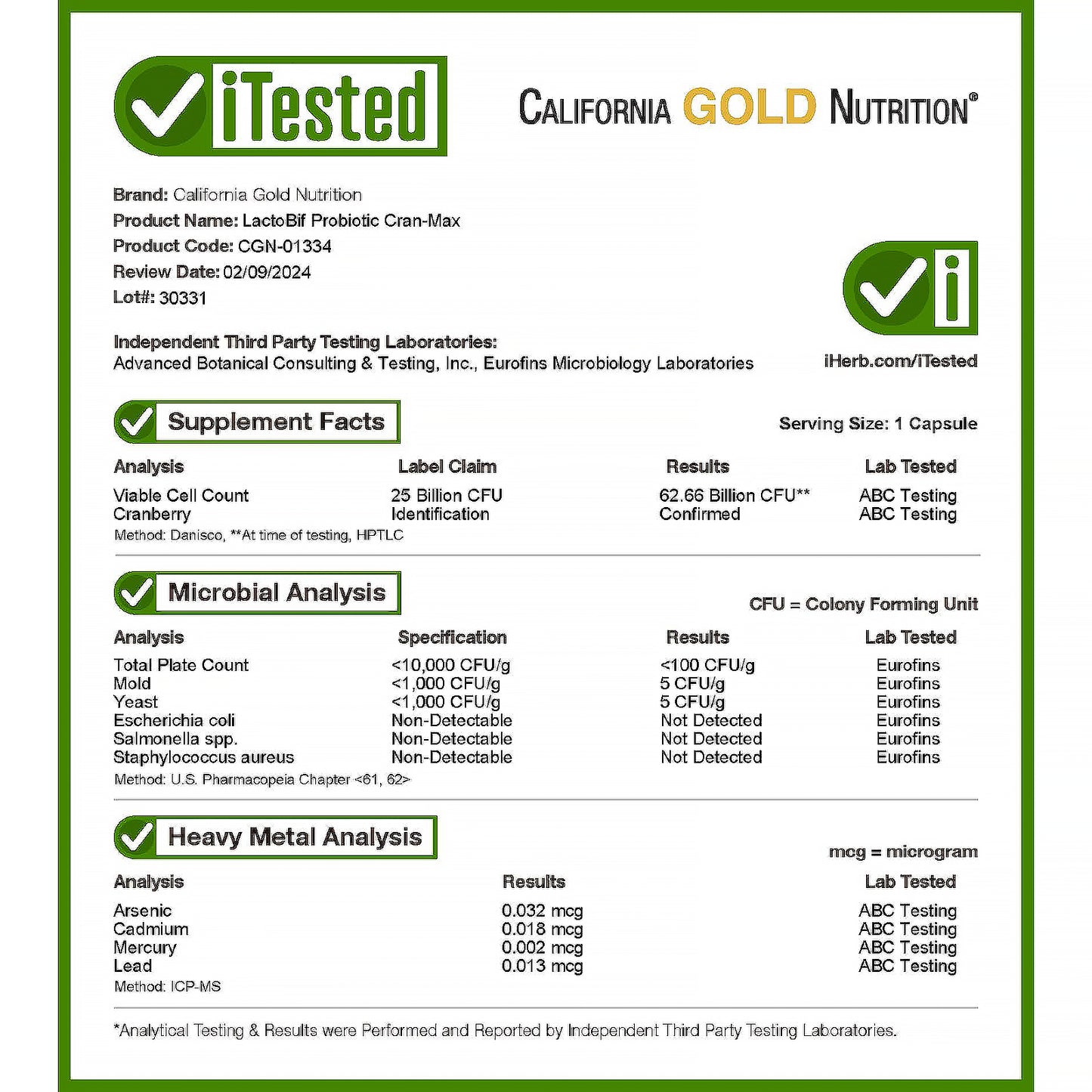 California Gold Nutrition, CranMax® LactoBif Probiotics, 25 Billion CFU, 30 Veggie Capsules