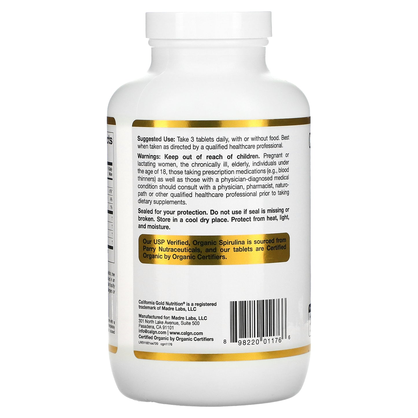 California Gold Nutrition, Organic Spirulina with Phycocyanin, Chlorophyll, and Carotenoids, 720 Tablets