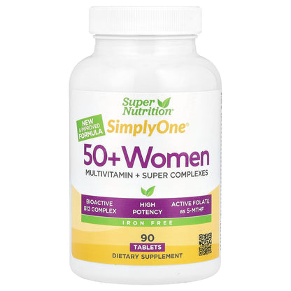 Super Nutrition, SimplyOne®, 50+ Women Multivitamin + Super Complexes with Vitamin A, Vitamin C, Minerals, and Botanicals, Iron Free, 90 Tablets